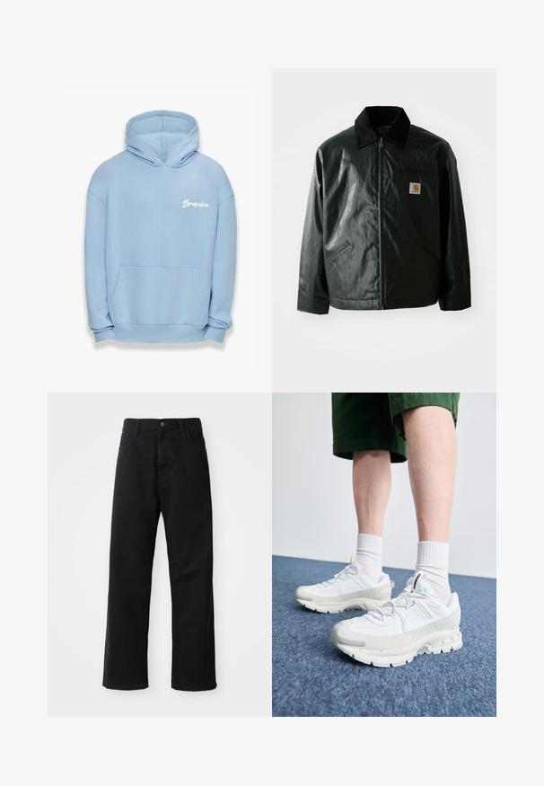 Zwarte ritssluiting jas van glad, glanzend materiaal. Heeft een corduroy kraag, twee voorzakken en een klein logo label op de borst.; Lichtblauw hoodie gemaakt van stof met een zachte textuur. Heeft een voorzak, geribbelde zoom en een wit geborduurd 'Dropsize' logo.; Zwarte denim broek met een rechte pasvorm, voorzien van voorzakken, een rits en een enkele bovenste knoop. Gestructureerde stof met een matte afwerking.; Witte sportieve schoenen met textuuroverlays, een dikke zool en grijze accenten. Draag ze met witte crew-sokken en groene shorts op een blauwe ondergrond.