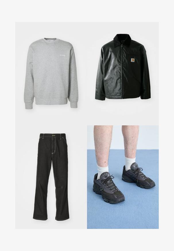 Must mustaga, läikiva materjaliga musta värvi jakk. Omab kordonilõikega kraed, kahte esikäe taskut ja väikest logo sildi rinnal.; Hallhallane puuvillane sviiter, millel on ümmargune kaelus, pikad varrukad, soonikkoes mansetid ja väike valge logo vasakul rinnal. Pehme tekstuur.; Mustadest denimist püksid, lahtise lõikega, kontrastsete valgete õmblustega, nööbiga kinnitamine ja sirge säär.; Mustad musta New Balance 1000 jooksujalatseid, millel on tekstuuriga võrk ja nubukpaneelid, pehmendava tallaga ja hallide detailidega; kantud valgete soonikkleepsudega sokkidega.