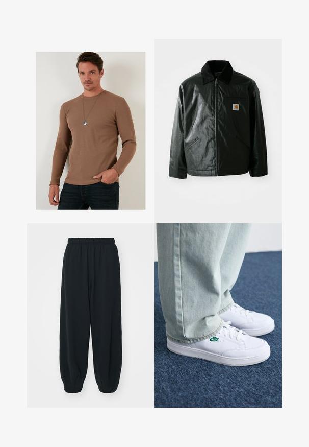 Giacca nera con zip realizzata in materiale liscio e lucido. Presenta un colletto in corduroy, due tasche frontali e una piccola patch con logo sul petto.; Maglietta a maniche lunghe marrone a costine realizzata in tessuto testurizzato, con una scollatura rotonda e un taglio aderente, abbinata a jeans scuri.; Pantaloni da jogging neri con vita elasticizzata, dalla vestibilità morbida, caviglie a costina, texture liscia e senza motivi visibili o dettagli in metallo.; Sneakers in pelle bianca con logo Nike verde, punta rotonda, suola piatta, abbinati a pantaloni in denim azzurro, mostrati su un tappeto blu.