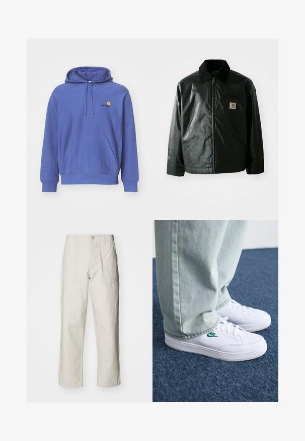 Zwarte ritssluiting jas van glad, glanzend materiaal. Heeft een corduroy kraag, twee voorzakken en een klein logo label op de borst.; Blauwe katoenen hoodie met een voorzak, verstelbare trekkoordcapuchon en een klein geborduurd logo op de borst. Zachte textuur en casual pasvorm.; Lichtbeige wijde broek van katoen. Voorzien van steekzakken en een knoopsluiting. Glad textuur met subtiele verticale lijnen.; Witte leren sneakers met groen Nike-logo, ronde neus, platte zool, gedragen met lichtblauwe denim broek, weergegeven op een blauwe vloerkleed.