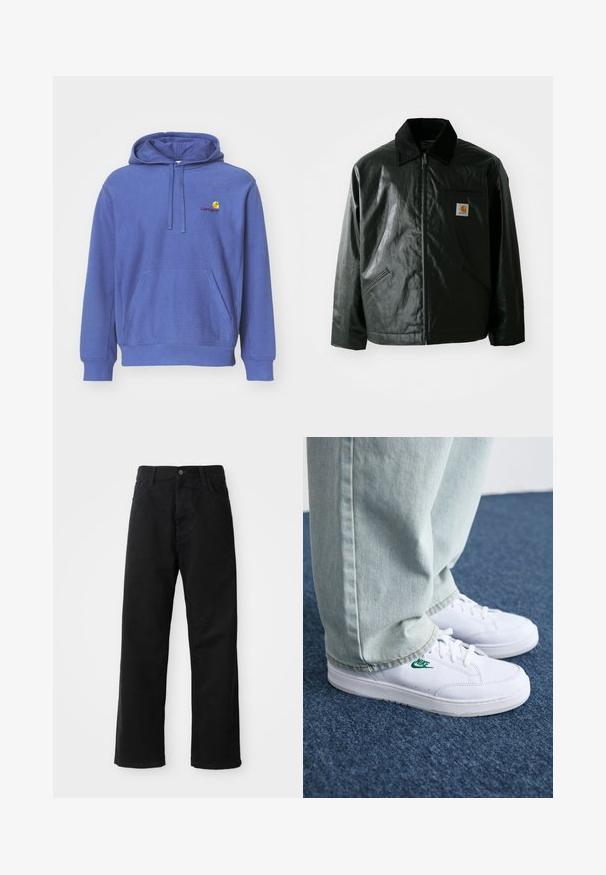 Black zip-up jacket made of smooth, shiny material. Features a corduroy collar, two front pockets, and a small logo patch on the chest.; Blue cotton hoodie with a front pocket, adjustable drawstring hood, and a small embroidered logo on the chest. Soft texture and casual fit.; Black denim pants with a straight cut, featuring front pockets, a zip fly, and a single top button. Textured fabric with a matte finish.; White leather sneakers with green Nike logo, round toe, flat sole, paired with light blue denim pants, shown on a blue carpet.