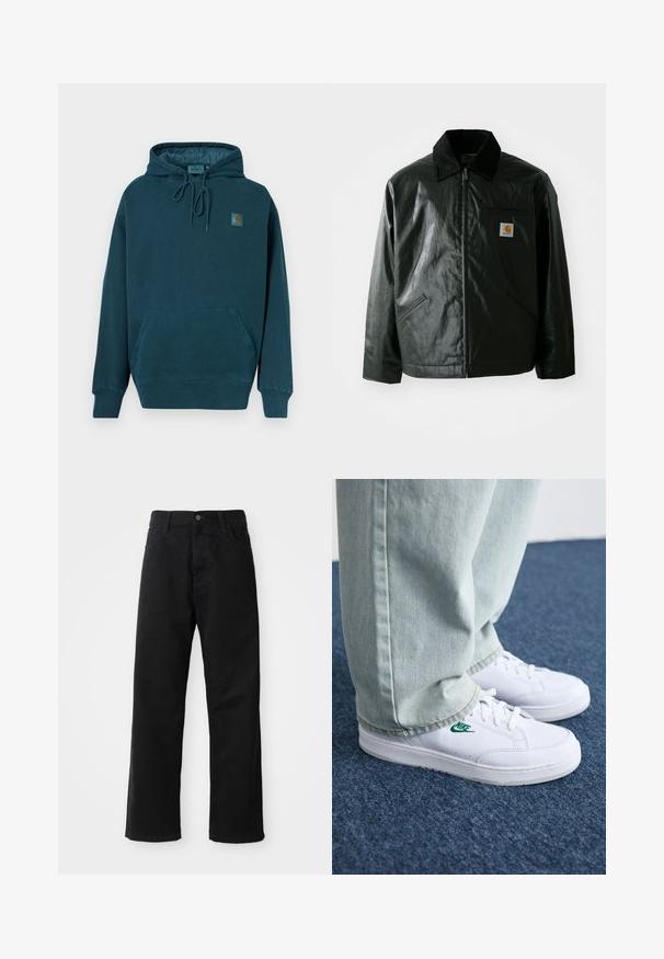 Μαύρο μπουφάν με φερμουάρ, φτιαγμένο από λείο, γυαλιστερό υλικό. Διαθέτει κοτλέ γιακά, δύο μπροστινές τσέπες και μια μικρή ετικέτα λογότυπου στο στήθος.; Φόρμα με κουκούλα από σκούρο τιρκουάζ ύφασμα. Διαθέτει μπροστινή τσέπη καγκουρό, ρυθμιζόμενα κορδόνια και μια μικρή επένδυση λογότυπου στο στήθος.; Μαύρο τζιν παντελόνι με ίσια γραμμή, που διαθέτει μπροστινές τσέπες, φερμουάρ και ένα μόνο κουμπί στην κορυφή. Υφασμάτινη επιφάνεια με ματ φινίρισμα.; Λευκά δερμάτινα sneakers με πράσινο λογότυπο Nike, στρογγυλή μύτη, επίπεδη σόλα, συνδυασμένα με ανοιχτό μπλε τζην παντελόνι, τοποθετημένα σε μπλε χαλί.