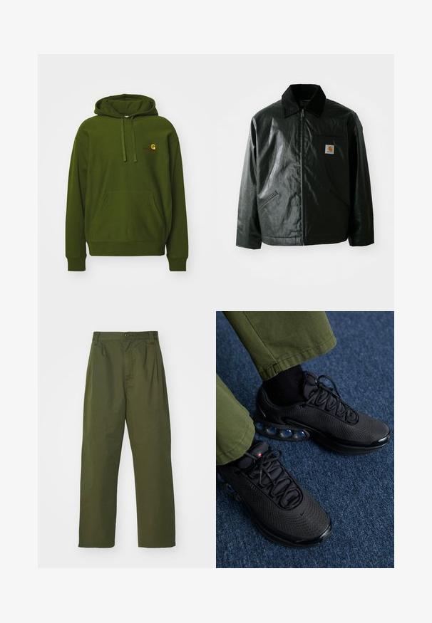 Schwarze Zip-Jacke aus glattem, glänzendem Material. Verfügt über einen Cordkragen, zwei Fronttaschen und ein kleines Logo-Patch auf der Brust.; Grüne Kapuzenjacke aus Baumwollmischung, mit Kängurutasche, verstellbarem Kordelzug und gesticktemLogo auf der Brust.; Olivgrüne, hochgeschnittene Hose mit geradem Bein. Hergestellt aus einem leichten Stoff, mit Vorderfalten und einem Knopfverschluss.; Schwarze Sportschuhe mit einem Obermaterial aus Mesh, strukturiertem Oberflächenmaterial und sichtbaren Luftpolsterkissen. Kombiniert mit olivgrünen Hosen und schwarzen Socken.