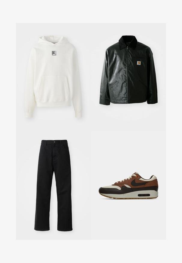 Giacca nera con zip realizzata in materiale liscio e lucido. Presenta un colletto in corduroy, due tasche frontali e una piccola patch con logo sul petto.; Felpa bianca con cappuccio realizzata in tessuto morbido. Presenta una tasca frontale centrale e un'etichetta con logo grigio sul petto. Vestibilità comoda con polsini a coste.; Pantaloni in denim nero con taglio dritto, caratterizzati da tasche frontali, chiusura con zip e un singolo bottone superiore. Tessuto testurizzato con finitura opaca.; Sneaker Nike Air Max in marrone, crema e nero, con suola a cuscino d'aria visibile e design con lacci, mostrato in profilo laterale su uno sfondo bianco.