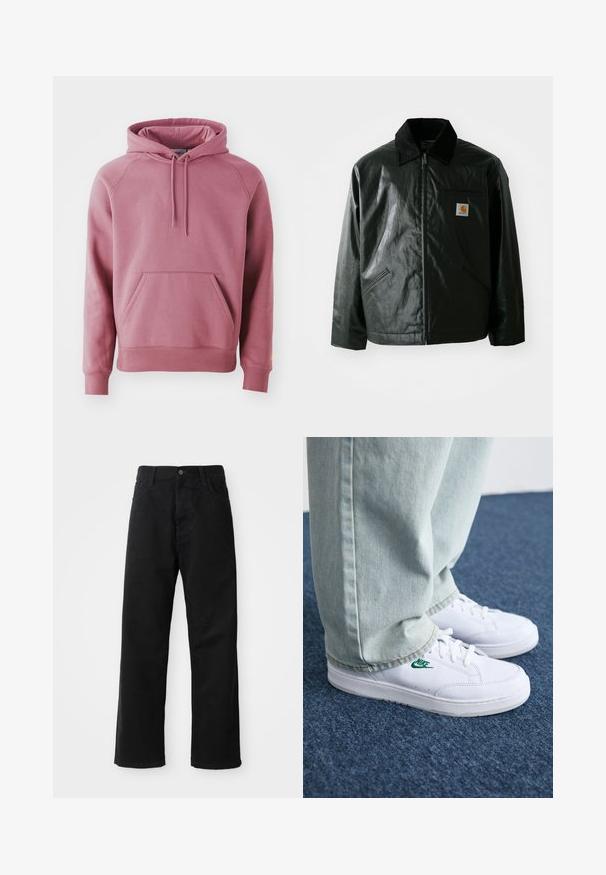 Črna jakna na zadrgo, izdelana iz gladkega, sijočega materiala. Ima žametni ovratnik, dva sprednja žepa in majhno oznako logotipa na prsih.; Ružičasta kapuca s prednjim kengurujskim džepom, rebrastim manžetama in robom. Ima kapuco z vrvico in gladko teksturo tkanine.; Črni kavbojki z ravnim krojem, ki imajo sprednje žepke, zadrgo in en zgornji gumb. Teksturovan material z mat zaključkom.; Bela usnjena športna obutev z zelenim Nike logotipom, okrogla konica, ravna podplat, v kombinaciji z svetlo modrimi kavbojkami, prikazana na modrem preprogu.