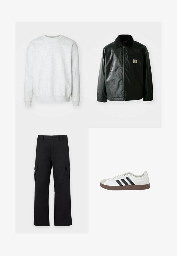 Black zip-up jacket made of smooth, shiny material. Features a corduroy collar, two front pockets, and a small logo patch on the chest.; Light grey sweatshirt made from cotton blend. Rounded neckline, long sleeves, ribbed cuffs and hem. Soft texture, minimalistic design without patterns.; Black cargo pants with a straight leg design. Made from durable fabric, featuring two side pockets with flap closures and a button fly.; White sneaker with gray suede toe cap, black three-stripe design, and brown rubber sole. Features lace-up front and padded collar.