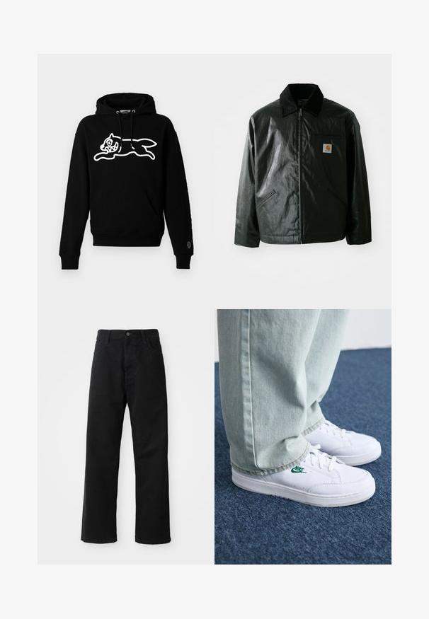 Schwarze Zip-Jacke aus glattem, glänzendem Material. Verfügt über einen Cordkragen, zwei Fronttaschen und ein kleines Logo-Patch auf der Brust.; Schwarzer Kapuzenpullover aus weichem Stoff mit einer weißen Grafik eines springenden Katers mit übertriebenen Gesichtszügen und einer Fronttasche.; Schwarze Jeans mit geradem Schnitt, ausgestattet mit Fronttaschen, einem Reißverschluss und einem einzelnen oberen Knopf. Texturiert mit matter Oberfläche.; Weiße Leder-Sneaker mit grünem Nike-Logo, runde Zehenpartie, flache Sohle, kombiniert mit hellblauen Jeans, präsentiert auf einem blauen Teppich.