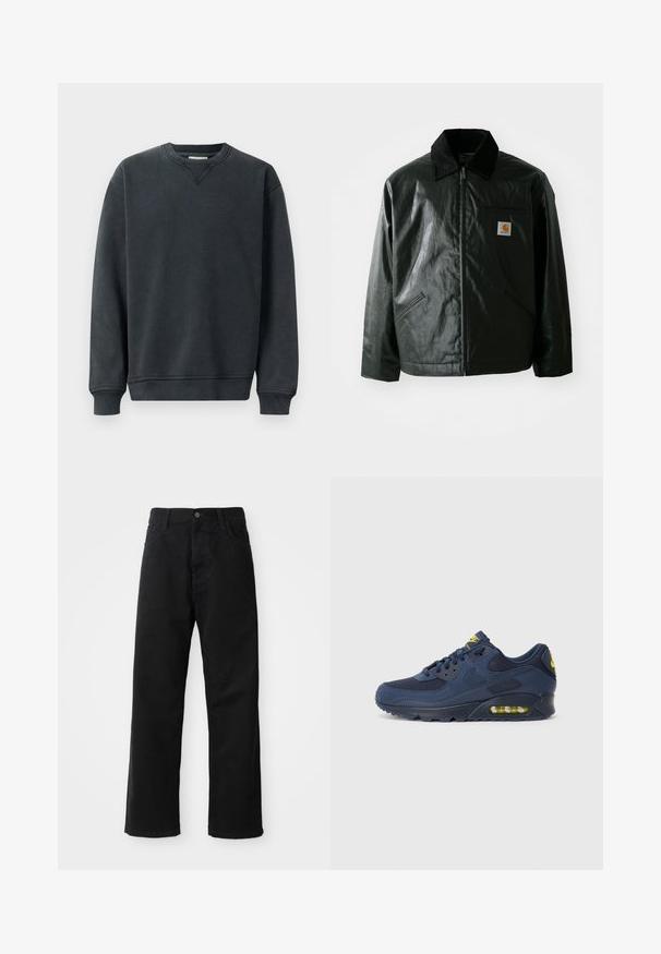 Zwarte ritssluiting jas van glad, glanzend materiaal. Heeft een corduroy kraag, twee voorzakken en een klein logo label op de borst.; Donkergrijze sweatshirt met een ronde hals, lange mouwen, ribben aan de cuffs en een gladde textuur. Heeft een subtiele v-stiksel detail bij de halslijn.; Zwarte denim broek met een rechte pasvorm, voorzien van voorzakken, een rits en een enkele bovenste knoop. Gestructureerde stof met een matte afwerking.; Marineblauwe Nike Air Max sneakers met een bovenwerk van suede en mesh, voorzien van gele accenten, vetersluiting aan de voorkant en zichtbare luchtvering in de zool.