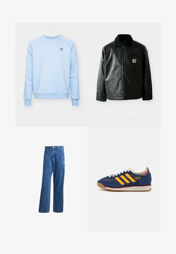 Melnā zip-up jaka, izgatavota no gludas, spīdīgas materiāla. Ir korduroja apkakle, divas priekšējās kabatas un neliela logo placdarma uz krūtīm.; Gaiši zils krekls ar apaļu izgriezumu, riboti uzgaļi un apakšmala, kā arī melns Adidas logotips kreisajā krūtī. Mīksta tekstūra, ikdienišķs dizains.; Zilas augsta vidukļa platas kāju džinsu bikses ar priekšējiem kabatām, jostas cilpām, pogu aizdari un mazu Adidas logo labajā augšstilbā.; Jūras spēku zilo zamšveida čību ar dzeltenām svītrām, baltām auklām un bordo akcentiem. Reljefs zole ar rievojumu, lai nodrošinātu saķeri. Zīmola logo sānu daļā.