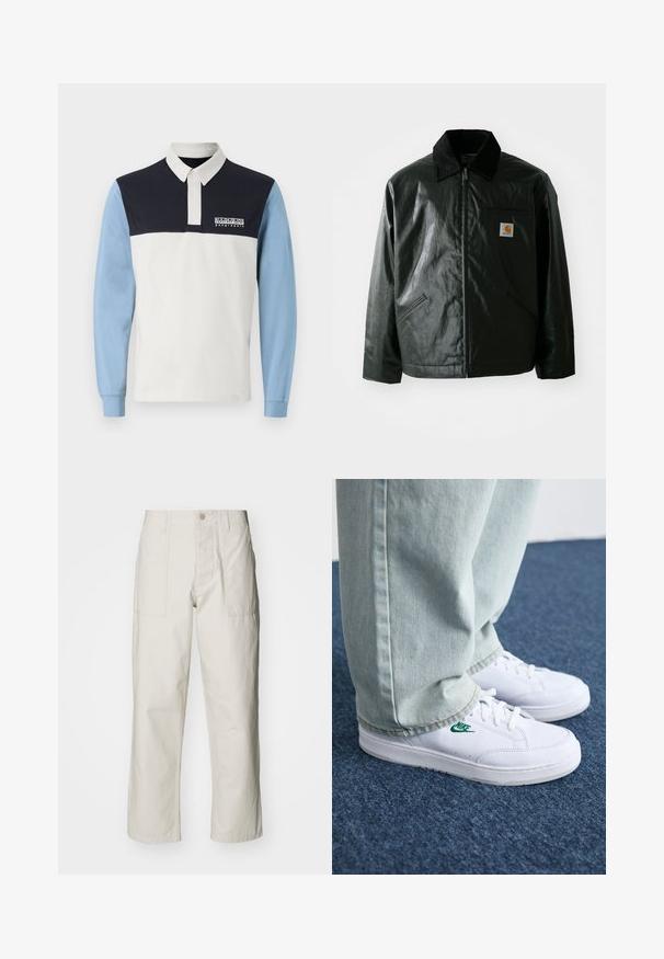 Casaco preto com fecho éclair, feito de material liso e brilhante. Apresenta um colarinho de veludo, dois bolsos frontais e um pequeno emblema no peito.; Polo de manga longa com corpo branco, ombros azul-marinho e mangas azul-claro. Inclui um colarinho e um logotipo no peito.; Calças largas em bege claro, feitas de algodão. Apresentam bolsos frontais e fecho com botão. Textura suave com linhas verticais subtis.; Tênis de couro brancos com logo verde da Nike, bico redondo, sola plana, combinados com calças de denim azul claro, exibidos sobre um tapete azul.