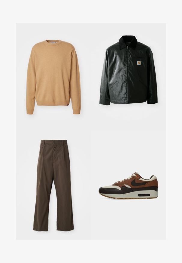 Sort lynlåsejakke lavet af glat, blankt materiale. Har en kordfløjlsfarvet krave, to forlommer og et lille logo-patch på brystet.; Beige strikket sweater med runde halsudskæring, lange ærmer og ribbede manchetter og kant. Blød tekstur med et mærkedetalje nederst.; Brune, brede bukser i bomuld med knaplukning foran, bæltestropper og en glat, mat tekstur.; Brune, creme og sorte Nike Air Max sneakers med synlig luftdæmpersål og snørebåndsdesign, vist i sidelayout på en hvid baggrund.