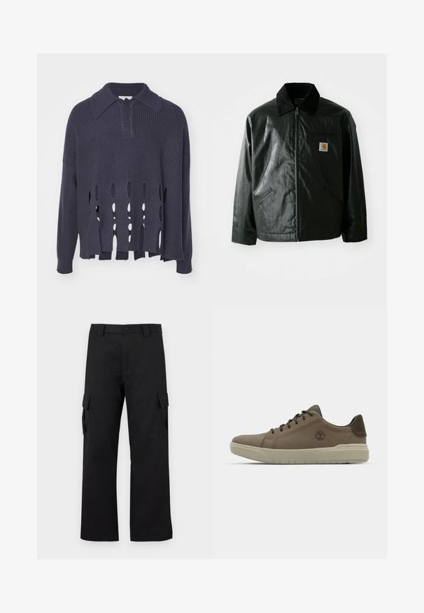 Casaco preto com fecho éclair, feito de material liso e brilhante. Apresenta um colarinho de veludo, dois bolsos frontais e um pequeno emblema no peito.; Sweater de malha azul-marinho escuro com fendas horizontais abertas na bainha, com gola e punhos canelados. Apresenta um corte relaxado e material texturizado.; Calças cargo pretas com um design de perna reta. Feitas de um tecido durável, apresentam dois bolsos laterais com fechos de aba e um fecho de botão.; Sapatilhas de couro castanho com perfil baixo, sola de borracha e detalhes verdes; apresentam um logótipo na lateral e painéis texturizados para maior aderência.