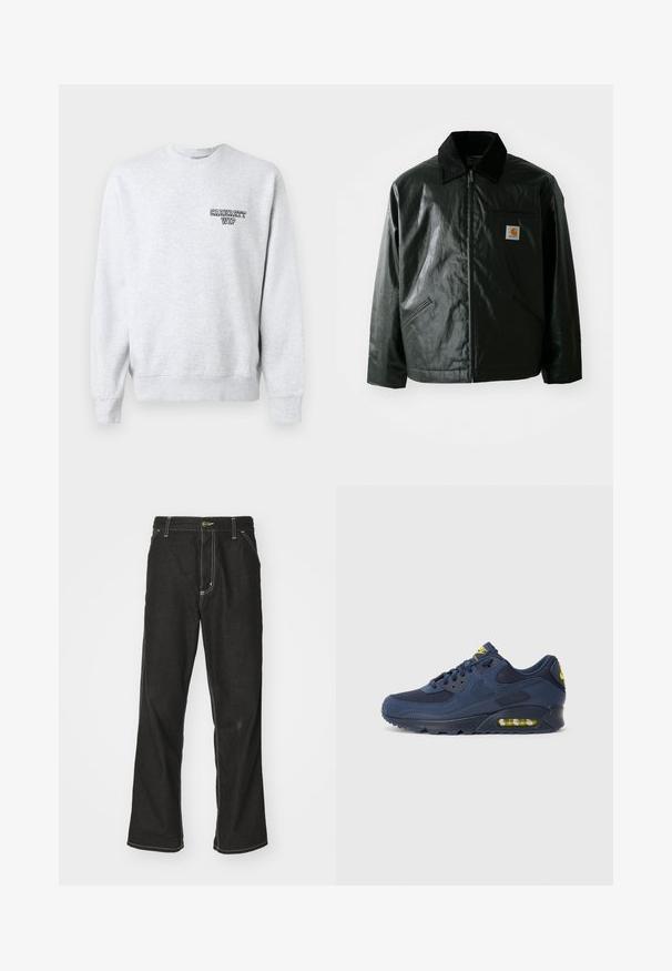 Schwarze Zip-Jacke aus glattem, glänzendem Material. Verfügt über einen Cordkragen, zwei Fronttaschen und ein kleines Logo-Patch auf der Brust.; Grau Sweatshirt mit Rundhalsausschnitt, gerippten Bündchen und Saum. Mit kleinem schwarzen "Carhartt WIP"-Logo auf der linken Brust. Material aus Baumwollmischung.; Schwarze Denim-Jeans mit lockerer Passform, kontrastierenden weißen Nähten, einem Knopfverschluss und geradem Bein.; Dunkelblaue Nike Air Max Sneaker mit Obermaterial aus Wildleder und Mesh, ausgestattet mit gelben Akzenten, Schnürung vorne und sichtbarer Luftpolsterung in der Sohle.