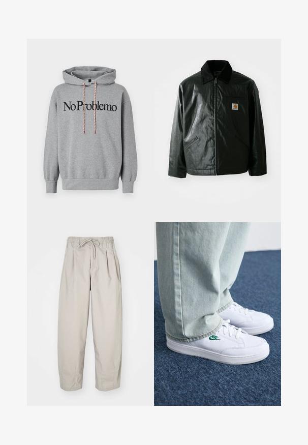 Black zip-up jacket made of smooth, shiny material. Features a corduroy collar, two front pockets, and a small logo patch on the chest.; Gray hoodie with a kangaroo pocket, drawstring hood in red and white, featuring "No Problemo" printed in bold black letters across the front.; Beige, lightweight trousers with an elastic waistband and drawstring. Features pleats and a loose fit, crafted from soft, smooth fabric.; White leather sneakers with green Nike logo, round toe, flat sole, paired with light blue denim pants, shown on a blue carpet.