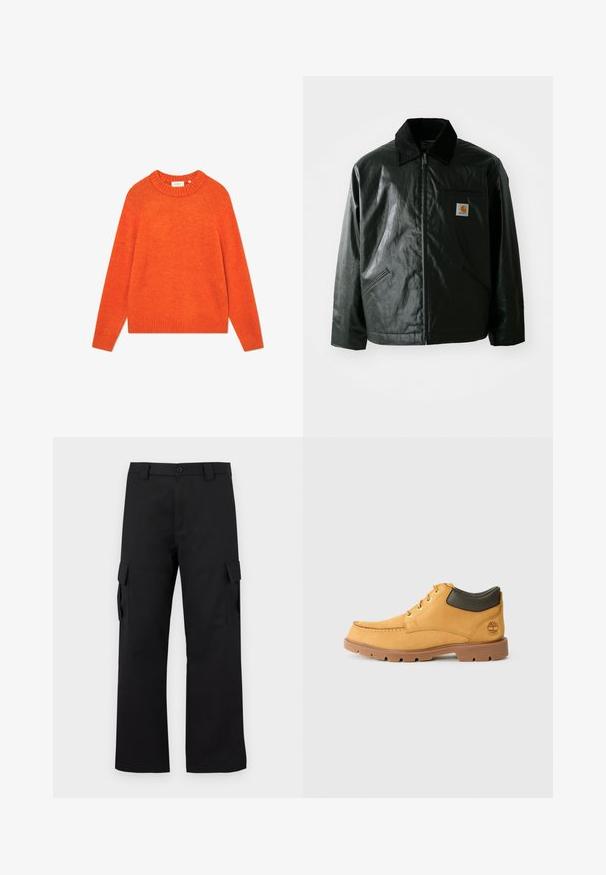 Giacca nera con zip realizzata in materiale liscio e lucido. Presenta un colletto in corduroy, due tasche frontali e una piccola patch con logo sul petto.; Maglione arancione in morbido tessuto, con scollo e orlo a costine, maniche lunghe e vestibilità rilassata. Nessun motivo o decorazione.; Pantaloni cargo neri con design a gamba dritta. Realizzati in tessuto resistente, dotati di due tasche laterali con chiusura a pattina e chiusura con bottone.; Scarpa in pelle gialla con suola in gomma marrone, punta rotonda e dettaglio in pelle verde alla caviglia. Presenta occhielli dorati e dettagli di cucitura.
