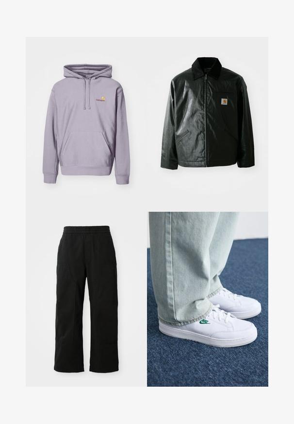 Μαύρο μπουφάν με φερμουάρ, φτιαγμένο από λείο, γυαλιστερό υλικό. Διαθέτει κοτλέ γιακά, δύο μπροστινές τσέπες και μια μικρή ετικέτα λογότυπου στο στήθος.; Μωβ φούτερ από μείγμα βαμβακιού, με κεντρική τσέπη καγκουρό, κουκούλα με κορδόνι και κεντητό λογότυπο στο στήθος.; Μαύρο βαμβακερό παντελόνι με ελαστική μέση, σχεδίαση φαρδιών ποδιών και μεγάλα πλαϊνά τσέπες. Ο ιστός φαίνεται μαλακός με λεία υφή.; Λευκά δερμάτινα sneakers με πράσινο λογότυπο Nike, στρογγυλή μύτη, επίπεδη σόλα, συνδυασμένα με ανοιχτό μπλε τζην παντελόνι, τοποθετημένα σε μπλε χαλί.