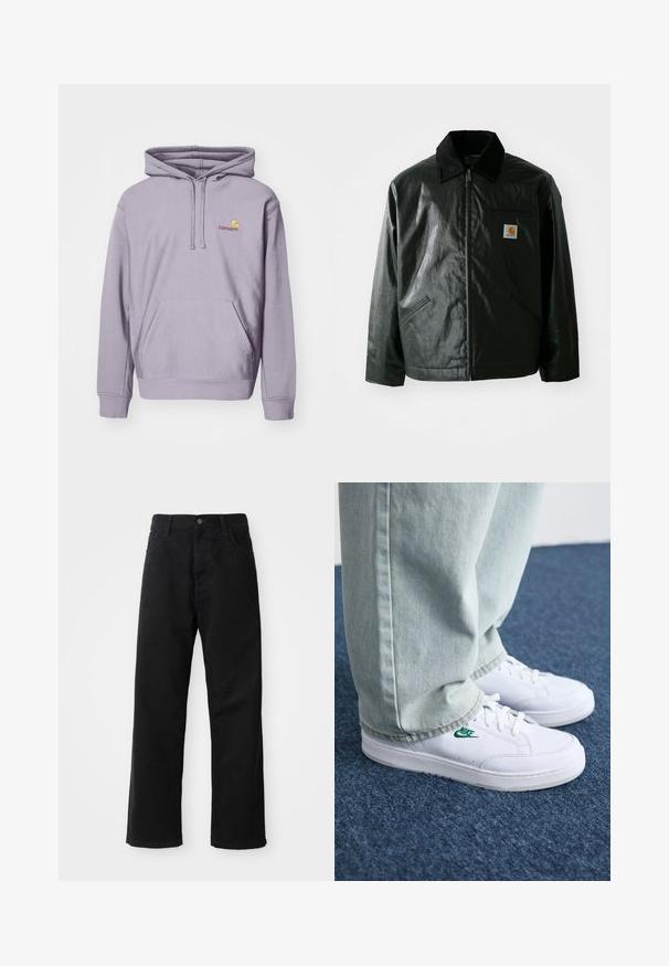 Black zip-up jacket made of smooth, shiny material. Features a corduroy collar, two front pockets, and a small logo patch on the chest.; Purple hoodie made of cotton blend, featuring a central kangaroo pocket, drawstring hood, and embroidered logo on the chest.; Black denim pants with a straight cut, featuring front pockets, a zip fly, and a single top button. Textured fabric with a matte finish.; White leather sneakers with green Nike logo, round toe, flat sole, paired with light blue denim pants, shown on a blue carpet.