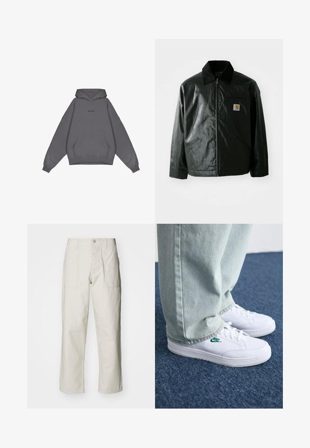 Casaco preto com fecho éclair, feito de material liso e brilhante. Apresenta um colarinho de veludo, dois bolsos frontais e um pequeno emblema no peito.; Pegador COLNE LOGO - Sweatshirt com capuz - washed anthracite/black; Calças largas em bege claro, feitas de algodão. Apresentam bolsos frontais e fecho com botão. Textura suave com linhas verticais subtis.; Tênis de couro brancos com logo verde da Nike, bico redondo, sola plana, combinados com calças de denim azul claro, exibidos sobre um tapete azul.
