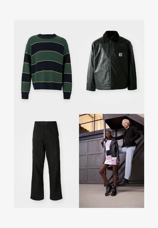 Giacca nera con zip realizzata in materiale liscio e lucido. Presenta un colletto in corduroy, due tasche frontali e una piccola patch con logo sul petto.; Maglione lavorato a maglia con strisce orizzontali verde e blu marina, arricchito da sottili linee gialle. Collo rotondo, vestibilità ampia e polsini e orlo a costine.; Jeans neri a gamba dritta con chiusura a bottoni, passanti per cintura e tasche frontali su uno sfondo bianco semplice.; Due modelli posano su una scala metallica. Uno indossa una giacca di pelle nera sopra un abito a righe multicolori e stivaletti neri. L'altro indossa una giacca nera, jeans chiari e stivali neri.