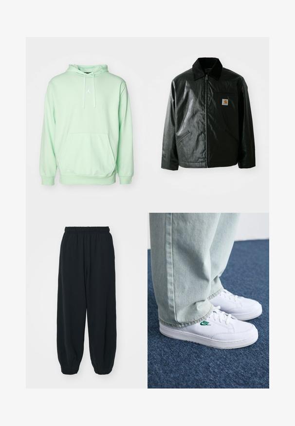 Casaco preto com fecho éclair, feito de material liso e brilhante. Apresenta um colarinho de veludo, dois bolsos frontais e um pequeno emblema no peito.; Sweatshirt verde menta com capuz em tecido suave, apresentando um bolso frontal e um detalhe de logotipo branco no peito. Cordão ajustável no capuz.; Calças de fato de treino pretas, com cintura elástica e um corte solto, com punhos nas pernas, textura suave e sem padrões visíveis ou detalhes de metal.; Tênis de couro brancos com logo verde da Nike, bico redondo, sola plana, combinados com calças de denim azul claro, exibidos sobre um tapete azul.