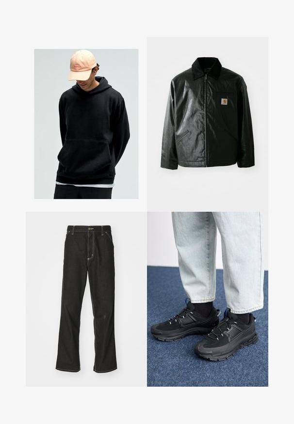 Mustat vetoketjulliset takit, jotka on valmistettu sileästä, kiiltävästä materiaalista. Sisältää kangastakin kauluksen, kaksi etutaskua ja pienen logopatchin rinnassa.; Mustat hupparilla varustetut paidat, joissa on kengurupocket, valmistettu pehmeästä kankaasta. Yhdistetty vaaleanpunaiseen baseball-lippikseen, jossa on logo.; Mustat farkut, joissa on löysä istuvuus, erottuva valkoinen ompelu, nappikiinnitys ja suora lahje.; Mustat urheilukengät, joissa on teksturoitu kangas ja kumipohjat, elastiset nauhat ja sininen yksityiskohta kannassa. Yhdistetty vaaleisiin farkkuihin.