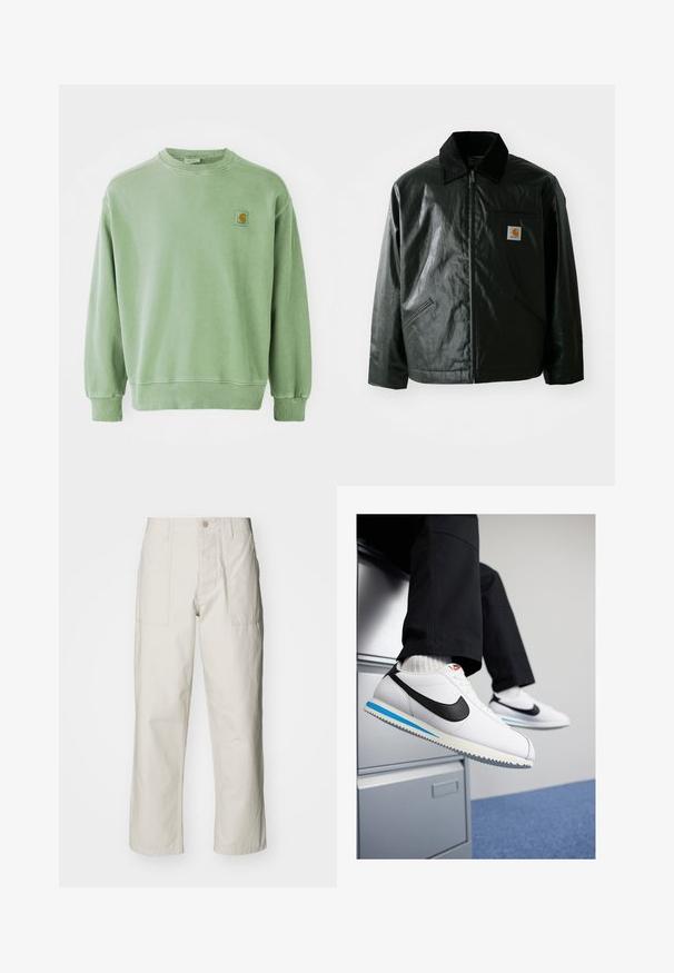 Giacca nera con zip realizzata in materiale liscio e lucido. Presenta un colletto in corduroy, due tasche frontali e una piccola patch con logo sul petto.; Felpa verde chiaro in cotone, con collo rotondo, polsini a costine e una piccola patch con logo sul lato sinistro del petto. Texture morbida.; Pantaloni a gamba larga beige chiaro in cotone. Presentano tasche frontali e chiusura con bottone. Tessuto liscio con sottili linee verticali.; Sneakers in pelle bianca con uno swoosh Nike nero, suola in gomma leggera blu e grigia, e un classico design con lacci. I piedi poggiano su un armadietto.