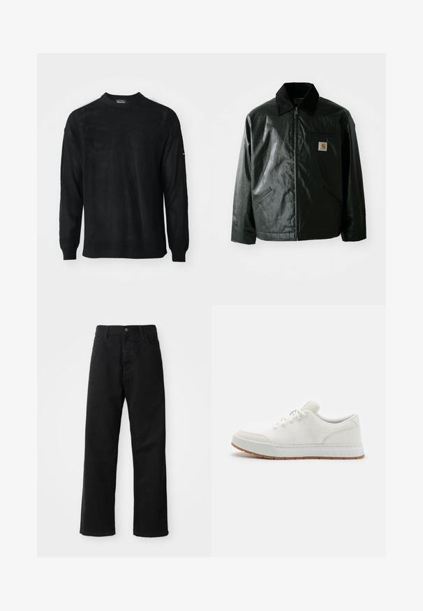 Black zip-up jacket made of smooth, shiny material. Features a corduroy collar, two front pockets, and a small logo patch on the chest.; Black knitted sweater with a round neckline, long sleeves, and ribbed cuffs. Features a textured pattern and relaxed fit.; Black denim pants with a straight cut, featuring front pockets, a zip fly, and a single top button. Textured fabric with a matte finish.; White athletic shoes with mesh upper, round toe, and rubber sole with a textured pattern. Features flat laces and subtle branding on heel.