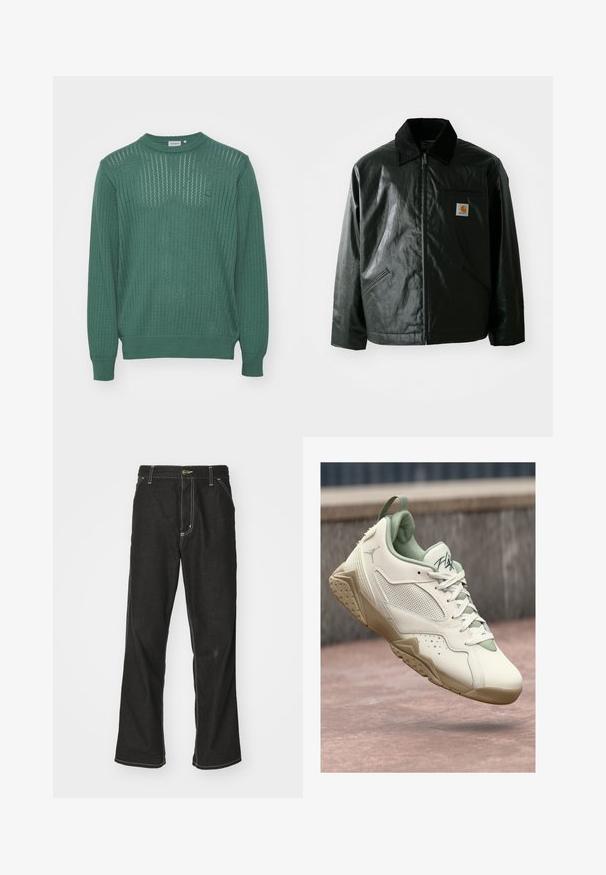 Black zip-up jacket made of smooth, shiny material. Features a corduroy collar, two front pockets, and a small logo patch on the chest.; Carhartt WIP CALEB - Jumper - duck green; Black denim jeans with a loose fit, featuring contrasting white stitching, a button closure, and a straight leg design.; White and beige Air Jordan sneaker with mesh panels, laces, and “Flight” text on tongue, suspended above a pink concrete surface.