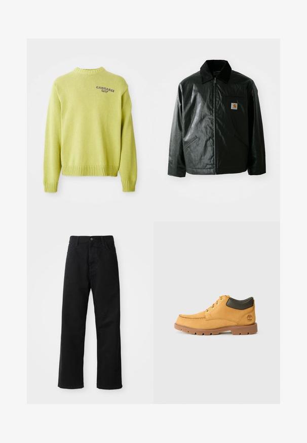 Črna jakna na zadrgo, izdelana iz gladkega, sijočega materiala. Ima žametni ovratnik, dva sprednja žepa in majhno oznako logotipa na prsih.; Svetlozeleni pleteni pulover z rebrastim ovratnikom in manšetami. Na hrbtu se nahaja vijoličast logotip "Carhartt WIP" in ima sproščen kroj.; Črni kavbojki z ravnim krojem, ki imajo sprednje žepke, zadrgo in en zgornji gumb. Teksturovan material z mat zaključkom.; Rumene usnjene čevlje s svetlo rjavim gumijastim podplatom, okroglim nosom in zelenim usnjenim detajlom na gležnju. Opremljeni so z zlatimi luknjicami in šivi.