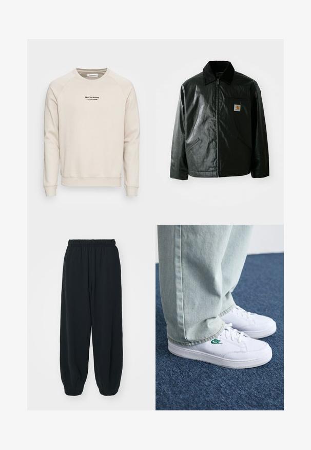 Black zip-up jacket made of smooth, shiny material. Features a corduroy collar, two front pockets, and a small logo patch on the chest.; Cream-colored sweatshirt with raglan sleeves, ribbed cuffs, and hem. Features a black text logo on the front. Soft, textured fabric.; Black, elasticated-waist sweatpants with a loose fit, cuffed ankles, smooth texture, and no visible patterns or hardware accents.; White leather sneakers with green Nike logo, round toe, flat sole, paired with light blue denim pants, shown on a blue carpet.