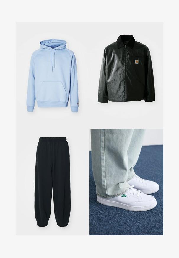 Schwarze Zip-Jacke aus glattem, glänzendem Material. Verfügt über einen Cordkragen, zwei Fronttaschen und ein kleines Logo-Patch auf der Brust.; Helleblaue Kapuzenjacke aus weichem Stoff, mit einer Fronttasche, einer verstellbaren Kapuze und gerippten Bündchen. Glatte Textur und schlichtes Design.; Schwarze Sweatpants mit elastischem Bund, lockerer Passform, gerippten Beinabschlüssen, glatter Textur und ohne sichtbare Muster oder Hardware-Akzente.; Weiße Leder-Sneaker mit grünem Nike-Logo, runde Zehenpartie, flache Sohle, kombiniert mit hellblauen Jeans, präsentiert auf einem blauen Teppich.