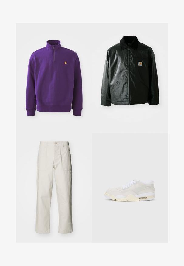 Mustat vetoketjulliset takit, jotka on valmistettu sileästä, kiiltävästä materiaalista. Sisältää kangastakin kauluksen, kaksi etutaskua ja pienen logopatchin rinnassa.; Violetti huppari, jossa on puoliveto-kraavi, ribbikudotut hihat ja helmassa. Rinnassa pieni oranssi logo. Puuvillamateriaalia, jossa on sileä pinta.; Harmaat vaaleat leveät housut, jotka on valmistettu puuvillasta. Varustettu etutaskuilla ja nappikiinnityksellä. Sujuva rakenne, jossa on hienovaraisia pystysuoria viivoja.; Tennarit, joissa on vaaleanbeige synteettinen päällinen, valkoiset nauhat ja näkyvä vaimennus. Ominaisuuksiin kuuluu sileä pohja ja huomaamattomat sivukiinnikkeet.