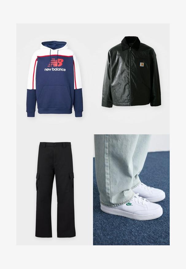 Chaqueta negra con cremallera hecha de un material liso y brillante. Presenta un cuello de pana, dos bolsillos frontales y un pequeño parche con el logo en el pecho.; New Balance CLASSICS HOODIE - Jersey con capucha - navy; Pantalones cargo negros con un diseño de pierna recta. Fabricados con un tejido duradero, cuentan con dos bolsillos laterales con cierres de solapa y una cremallera de botón.; Zapatillas de cuero blanco con logo de Nike verde, puntera redonda, suela plana, combinadas con pantalones de mezclilla azul claro, sobre una alfombra azul.