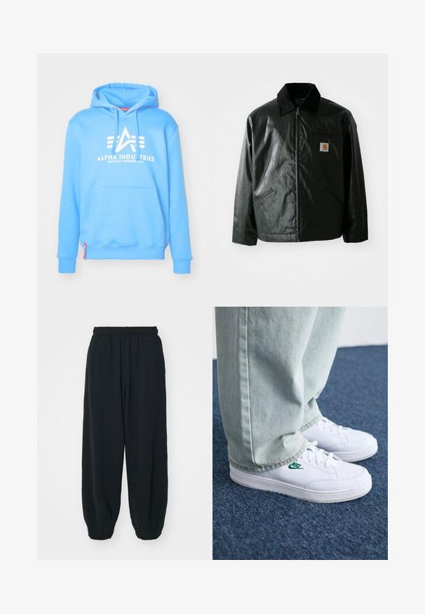Jachetă neagră cu fermoar, confecționată dintr-un material neted și lucios. Prezintă un guler din catifea, două buzunare frontale și un mic logo brodat pe piept.; Hanorac bleu deschis dintr-un material moale, având un logo alb mare, buzunar tip kangaroo și manșete și tiv din material elastic.; Pantaloni de trening negri, cu talie elastică, cu o croială lejeră, la baza pantaloni fiind strânși, având o textură netedă și fără modele sau accente metalice vizibile.; Adidași din piele albă cu logo-ul Nike verde, vârf rotund, talpă plată, asortați cu pantaloni din denim bleu deschis, prezentați pe un covor albastru.