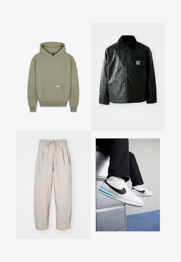 Zwarte ritssluiting jas van glad, glanzend materiaal. Heeft een corduroy kraag, twee voorzakken en een klein logo label op de borst.; Olijfgroene hoodie met lange mouwen, een voorzak in kangoeroestijl, geribbelde boorden en een klein label op de zak.; Beige, lichte broek met een elastische tailleband en trekkoord. Beschikt over plooien en een losse pasvorm, gemaakt van een zachte, gladde stof.; Witte leren sneakers met een zwarte Nike swoosh, lichtblauwe en grijze rubberen zool, en een klassiek vetersluiting ontwerp. Voeten rustend op een archiefkast.