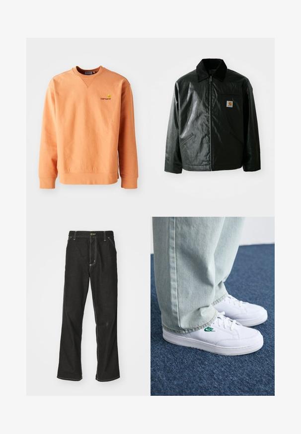 Veste noire zippée en matériau lisse et brillant. Elle dispose d'un col en velours côtelé, de deux poches avant et d'un petit écusson logo sur la poitrine.; Sweatshirt orange à manches longues et col rond. Poignets et ourlet côtelés, avec un petit logo jaune Carhartt sur la poitrine. Texture douce.; Jean en denim noir avec une coupe ample, comportant des coutures blanches contrastantes, une fermeture à bouton et un design à jambes droites.; Baskets en cuir blanc avec logo Nike vert, bout rond, semelle plate, associées à un pantalon en denim bleu clair, présentées sur un tapis bleu.