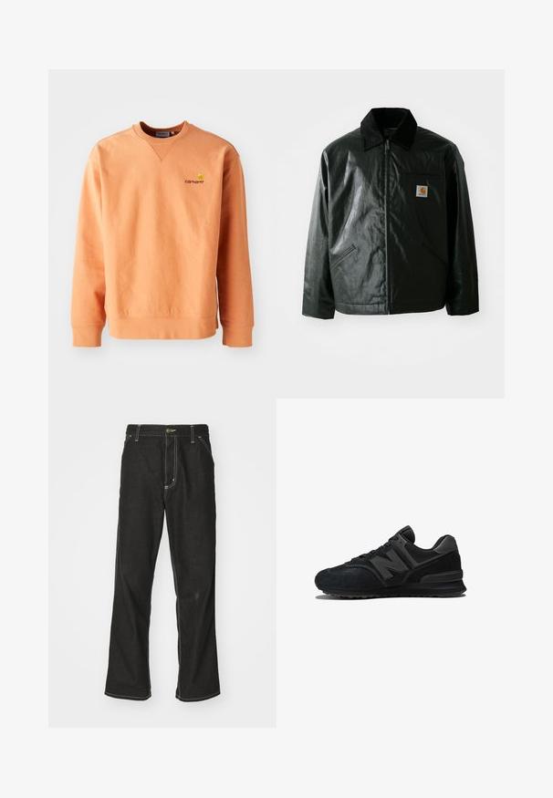 Zwarte ritssluiting jas van glad, glanzend materiaal. Heeft een corduroy kraag, twee voorzakken en een klein logo label op de borst.; Oranje sweatshirt met lange mouwen en een ronde hals. Ribbelmanchetten en -zoom, met een klein geel Carhartt-logo op de borst. Zachte textuur.; Zwarte denim jeans met een losse pasvorm, voorzien van contrasterende witte stiksels, een knoopsluiting en een recht ontwerp.; Zwarte sneaker met een bovenwerk van suede en mesh, een dikke zool en een opvallend 'N'-logo op de zijkant. Heeft een gestructureerd ontwerp met veter sluiting.