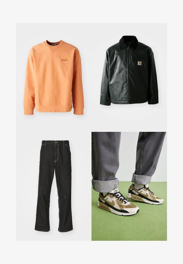 Melnā zip-up jaka, izgatavota no gludas, spīdīgas materiāla. Ir korduroja apkakle, divas priekšējās kabatas un neliela logo placdarma uz krūtīm.; Oranžs džemperis ar garām piedurknēm un apaļu kakla izgriezumu. Ribotas piedurknes un apakšmalas, uz krūtīm ir maza dzeltena Carhartt logo. Mīksta tekstūra.; Melni džinsi ar brīvu piegriezumu, ar kontrastējošu baltu diegu, pogu aizdari un taisnu kāju dizainu.; Nike Air Max 90 kedas bēšā un melnā krāsā, ar sieta un ādas materiāliem, redzamu amortizāciju un melnām auklām.