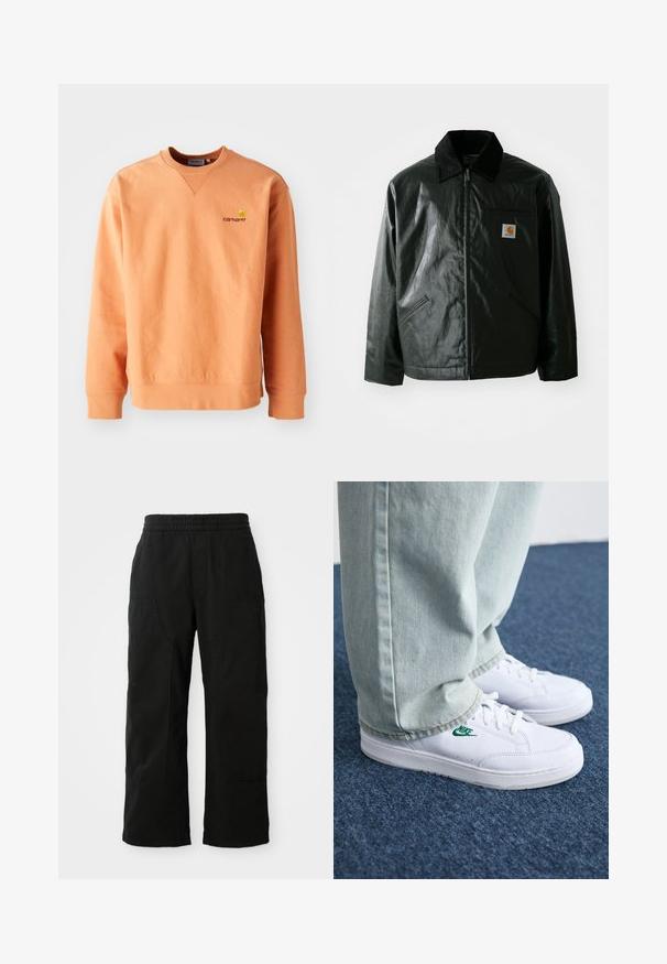 Μαύρο μπουφάν με φερμουάρ, φτιαγμένο από λείο, γυαλιστερό υλικό. Διαθέτει κοτλέ γιακά, δύο μπροστινές τσέπες και μια μικρή ετικέτα λογότυπου στο στήθος.; Πορτοκαλί φούτερ με μακριά μανίκια και στρογγυλή λαιμόκοψη. Ριμπέν cuffs και στρίφωμα, με μικρό κίτρινο λογότυπο Carhartt στο στήθος. Μαλακή υφή.; Μαύρο βαμβακερό παντελόνι με ελαστική μέση, σχεδίαση φαρδιών ποδιών και μεγάλα πλαϊνά τσέπες. Ο ιστός φαίνεται μαλακός με λεία υφή.; Λευκά δερμάτινα sneakers με πράσινο λογότυπο Nike, στρογγυλή μύτη, επίπεδη σόλα, συνδυασμένα με ανοιχτό μπλε τζην παντελόνι, τοποθετημένα σε μπλε χαλί.