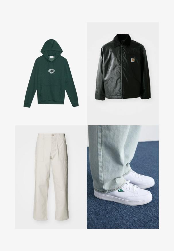 Giacca nera con zip realizzata in materiale liscio e lucido. Presenta un colletto in corduroy, due tasche frontali e una piccola patch con logo sul petto.; Felpa verde scuro con tasca frontale, stile kangaroo, caratterizzata da una grafica bianca "DENVER USA 96" sul petto, realizzata in morbido materiale di cotone.; Pantaloni a gamba larga beige chiaro in cotone. Presentano tasche frontali e chiusura con bottone. Tessuto liscio con sottili linee verticali.; Sneakers in pelle bianca con logo Nike verde, punta rotonda, suola piatta, abbinati a pantaloni in denim azzurro, mostrati su un tappeto blu.