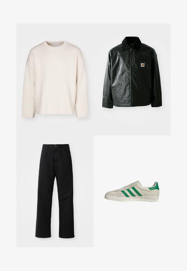 Schwarze Zip-Jacke aus glattem, glänzendem Material. Verfügt über einen Cordkragen, zwei Fronttaschen und ein kleines Logo-Patch auf der Brust.; Cremfarbener Strickpullover mit Rundhalsausschnitt, überschnittenen Schultern und langen Ärmeln. Einfaches Design ohne Verzierungen.; Schwarze Jeans mit geradem Schnitt, ausgestattet mit Fronttaschen, einem Reißverschluss und einem einzelnen oberen Knopf. Texturiert mit matter Oberfläche.; Beige Sneaker mit grünen Streifen, ausgestattet mit einer weißen Sohle und einem Obermaterial aus glattem Leder. Seitenansicht, die die Schnürdetails und das Logo hervorhebt.