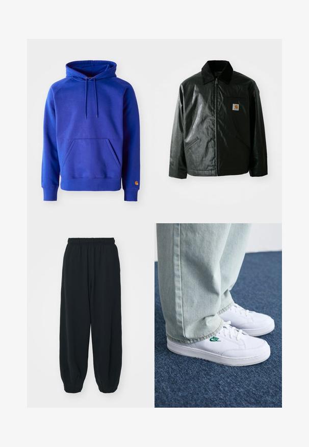 Czarna kurtka zapinana na zamek, wykonana z gładkiego, błyszczącego materiału. Posiada kołnierz z kordurowej tkaniny, dwie przednie kieszenie oraz małą naszywkę z logo na klatce piersiowej.; Niebieska bawełniana bluza z kapturem, z przestronną kieszenią z przodu, regulowanym kapturem ze sznurkiem oraz ściągaczami na rękawach. Na dolnym rękawie znajduje się pomarańczowe logo.; Czarne dresy z elastycznym pasem, luźny krój, ściśnięte nogawki, gładka tekstura, bez widocznych wzorów lub ozdób.; Białe skórzane sneakersy z zielonym logo Nike, okrągły czubek, płaska podeszwa, zestawione z jasnoniebieskimi dżinsami, pokazane na niebieskim dywanie.