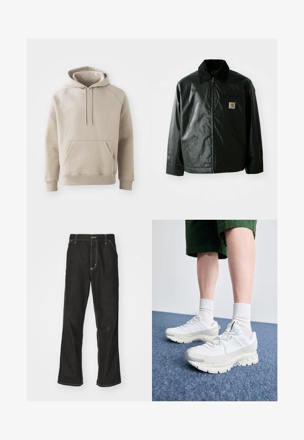 Sort lynlåsejakke lavet af glat, blankt materiale. Har en kordfløjlsfarvet krave, to forlommer og et lille logo-patch på brystet.; Khaki hættejakke med en stor frontlomme, ribbede manchetter og kant. Har justerbare snoretræk og en afslappet pasform. Fremstillet af blødt stof.; Sorte denimjeans med løs pasform, der har kontrasterende hvid syning, en knaplukning og et lige ben-design.; Hvide atletiske sko med teksturerede overlays, en chunky sål og grå accenter. Båret med hvide ankelstrømper og grønne shorts på en blå overflade.