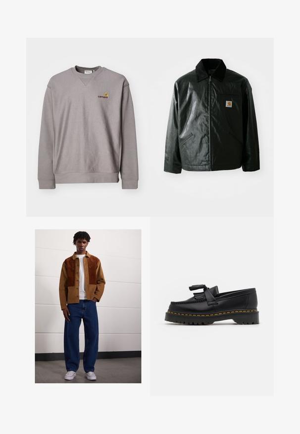 Zwarte ritssluiting jas van glad, glanzend materiaal. Heeft een corduroy kraag, twee voorzakken en een klein logo label op de borst.; Grijze sweatshirt met een ronde hals, geribbelde boorden en een subtiele logo in geborduurd geel en bordeaux. Gemaakt van zachte, gestructureerde stof.; Man die binnen staat en een bruine corduroyjas met roestvlekken, een wit T-shirt, losse blauwe spijkerbroeken en witte sneakers draagt.; Zwarte leren loafers met een franjesaccent, voorzien van een dikke zwarte zool en gele stiksels langs de rand. Gevoelige afwerking.