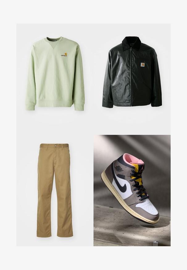 Crna zip-up jakna izrađena od glatkog, sjajnog materijala. Ima okovratnik od kordura, dva prednja džepa i mali logotip na prsima.; Svijetlozeleni dukserica napravljena od mješavine pamuka. Ima rebraste manžetne i porub, s malim izvezenim logom na prsima. Jednostavan dizajn, okrugli izrez.; Kaki chinos s ravnim krojem, napravljeni od glatke pamučne tkanine. Imaju prednje kopčanje na dugme i bočne džepove.; Visoke Nike Air Jordan tenisice u bijeloj, sivoj i crnoj boji s ružičastim unutrašnjim dijelom i žutim jezikom, postavljene na betonskoj površini.