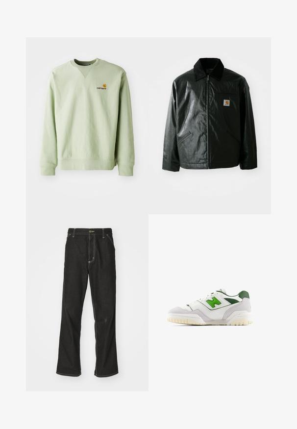 Veste noire zippée en matériau lisse et brillant. Elle dispose d'un col en velours côtelé, de deux poches avant et d'un petit écusson logo sur la poitrine.; Sweatshirt vert clair en mélange de coton. Il est doté de poignets et d'un ourlet côtelés, avec un petit logo brodé sur la poitrine. Design simple, col ras du cou.; Jean en denim noir avec une coupe ample, comportant des coutures blanches contrastantes, une fermeture à bouton et un design à jambes droites.; Baskets blanches avec des accents verts, fabriquées en cuir et en daim. Caractéristiques d'un dessus texturé, d'un col rembourré et d'une semelle en caoutchouc avec un motif visible.