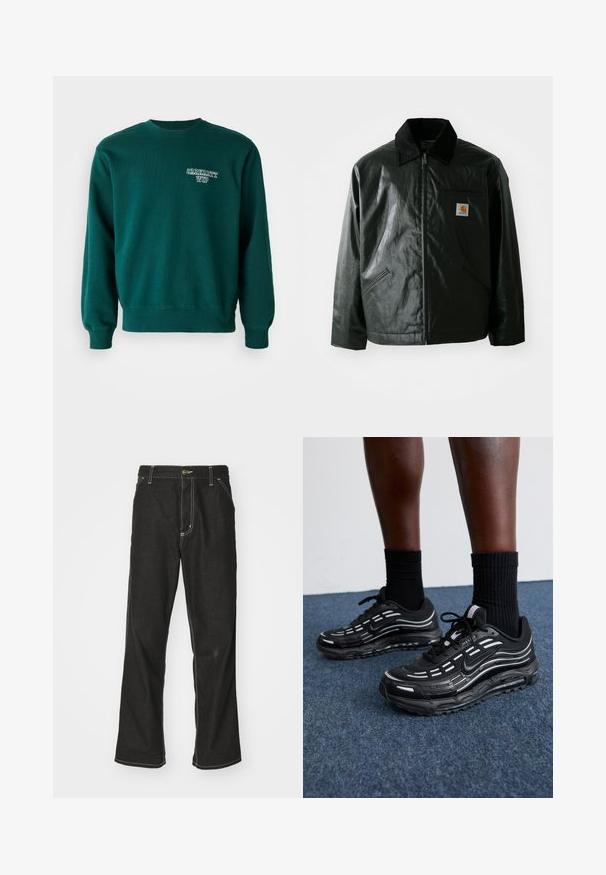 Čierna bundu na zips vyrobenú z hladkého, lesklého materiálu. Obsahuje kordový golier, dve predné vrecká a malú nášivku s logom na hrudi.; Zelená mikina vyrobená z mäkkej bavlnenej zmesi, ktorá má rebrovaný okraj pri krku, manžety na rukávoch a malé biele logo na prednej strane.; Čierne denimové nohavice s voľným strihom, s kontrastným bielym prešívaním, uzáverom na gombík a rovnými nohavicami.; Čierne tenisky Nike majú sieťkový zvršok s akcentovými pruhmi, textúrovaným šnurovaním a čiernu gumovú podrážku. Nosené s čiernymi rebrovanými ponožkami.