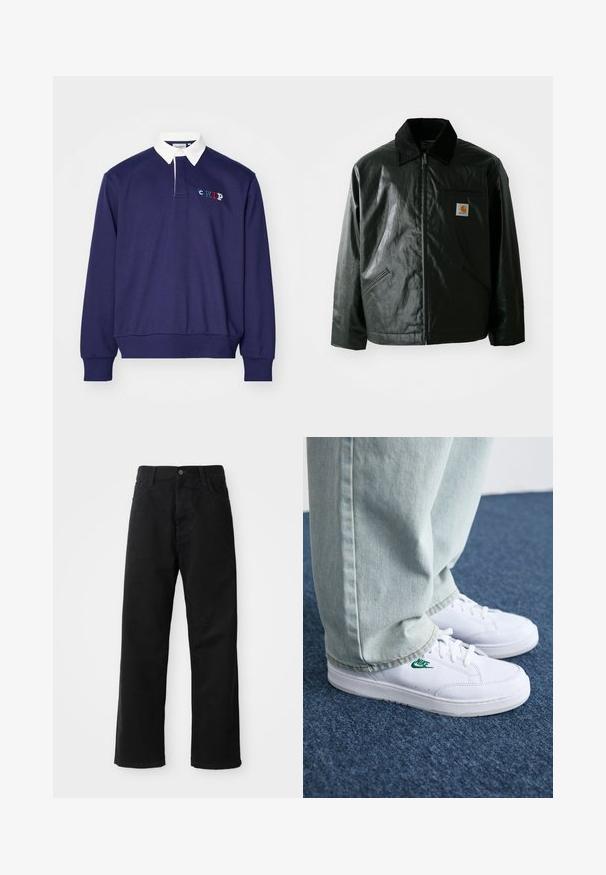 Black zip-up jacket made of smooth, shiny material. Features a corduroy collar, two front pockets, and a small logo patch on the chest.; Carhartt WIP FLAGS RUGBY - Sweatshirt - space; Black denim pants with a straight cut, featuring front pockets, a zip fly, and a single top button. Textured fabric with a matte finish.; White leather sneakers with green Nike logo, round toe, flat sole, paired with light blue denim pants, shown on a blue carpet.