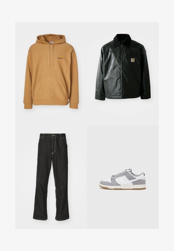 Black zip-up jacket made of smooth, shiny material. Features a corduroy collar, two front pockets, and a small logo patch on the chest.; Brown hooded sweatshirt made of soft fabric, featuring a front pouch pocket and embroidered logo on the chest. Simple design, ribbed cuffs.; Black denim jeans with a loose fit, featuring contrasting white stitching, a button closure, and a straight leg design.; Nike sneakers feature a gray suede and white leather upper with perforations, round laces, and a gum sole for traction.