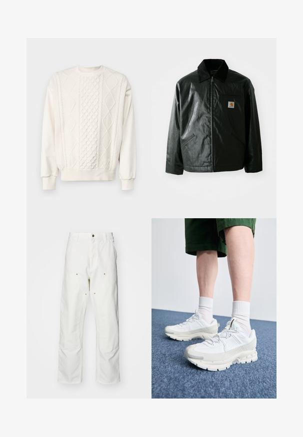 Must mustaga, läikiva materjaliga musta värvi jakk. Omab kordonilõikega kraed, kahte esikäe taskut ja väikest logo sildi rinnal.; Carhartt WIP TRIDON SWEATER - Džemper - natural; Valged puuvillased cargo püksid, millel on mugav lõige. Omadusteks on esikotid, kuldse riistvara aktsendid ja tugevdatud põlveosad.; Valged sportsijalatsid tekstuursete pealsete, kopsaka tallaga ja hallide aktsentidega. Kanda valgete lühikeste sokkidega ja roheliste lühikeste pükstega sinisel pinnal.